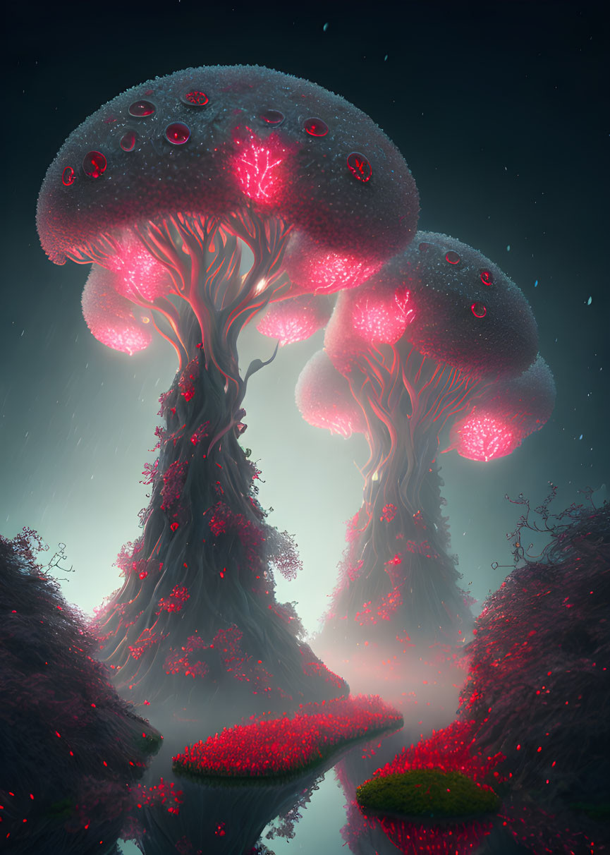 Bioluminescent mushroom trees with red foliage in dark forest