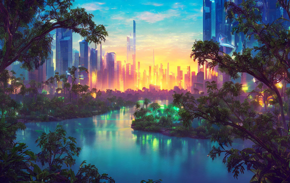 Futuristic cityscape blending nature and skyscrapers at sunrise