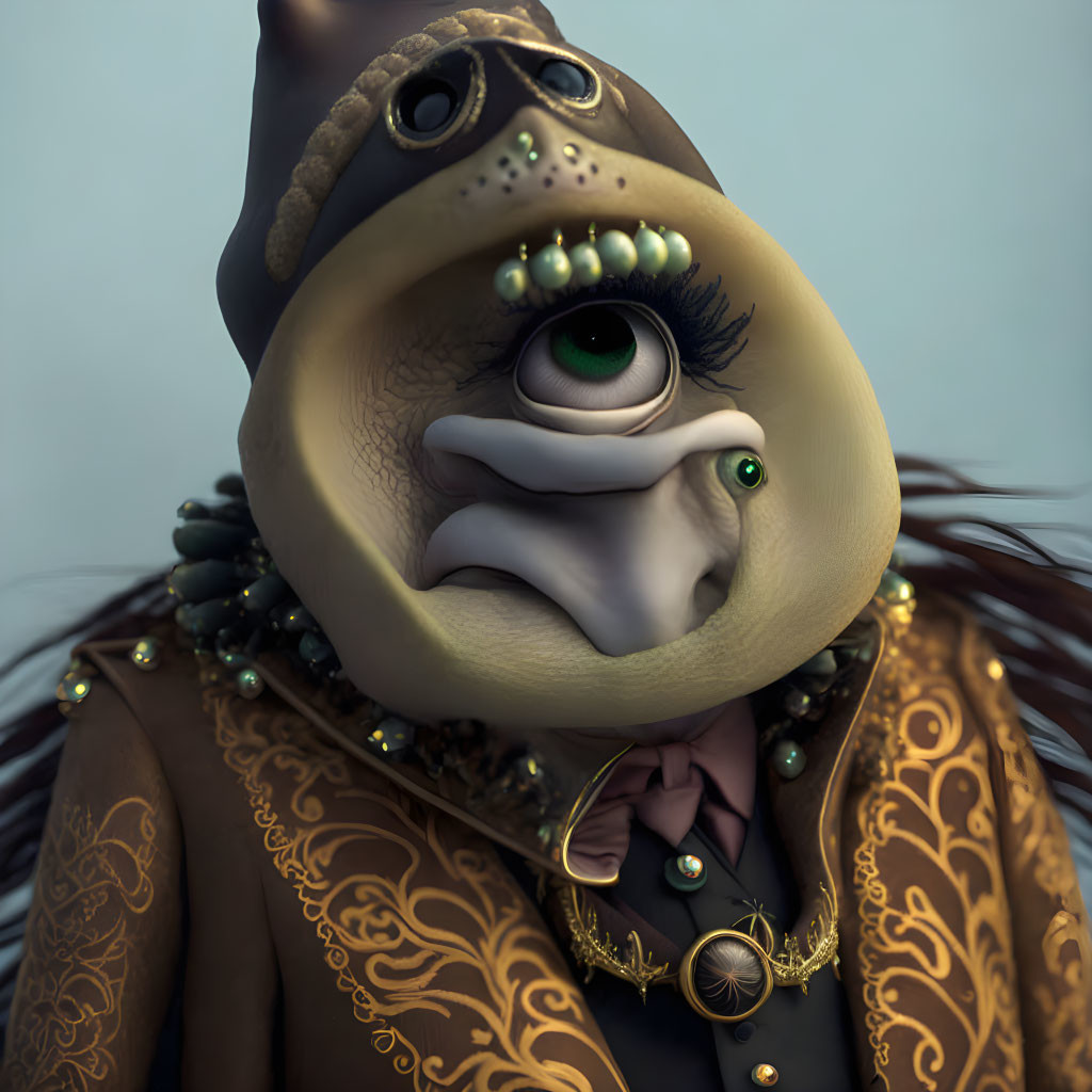 Elderly humanoid frog character in 3D animation with bejeweled hat, ornate