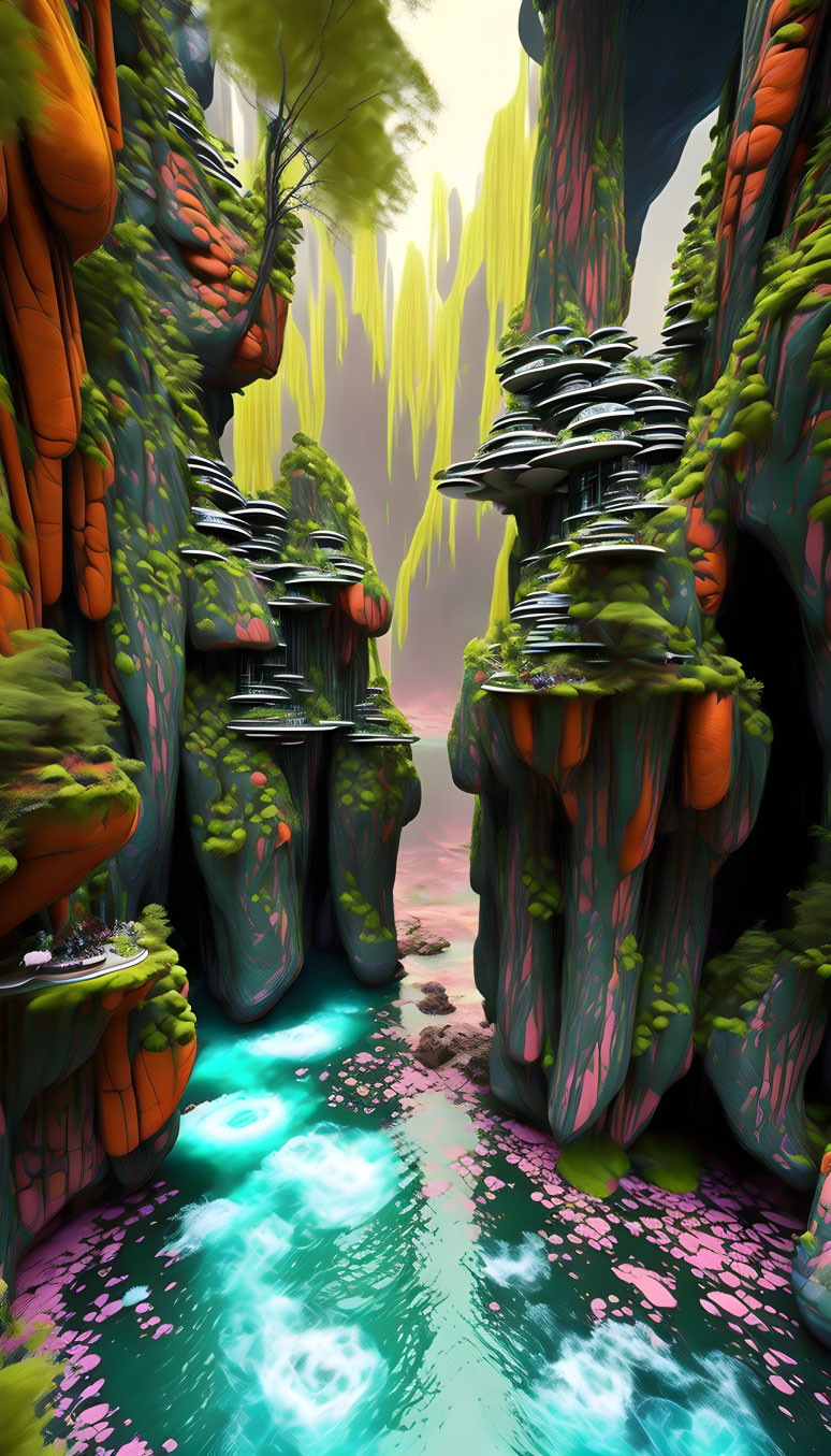 Fantastical landscape with towering rock formations and neon blue river