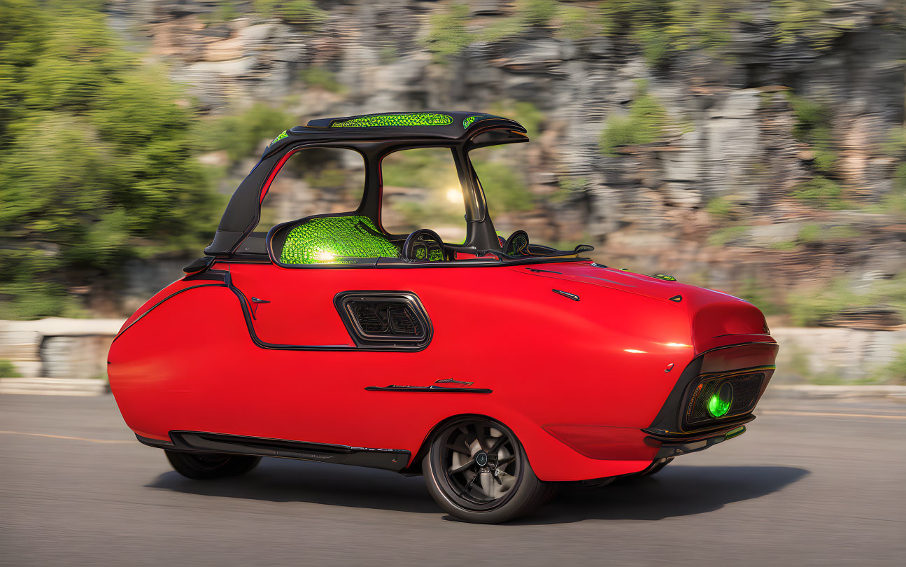 Vintage red three-wheeled microcar with green accents on road.