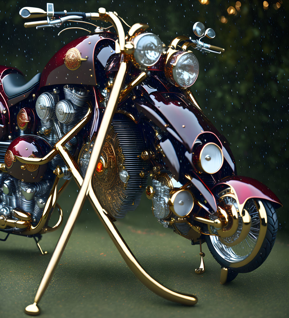 Custom Burgundy Motorcycle with Gold Detailing and Multiple Headlights