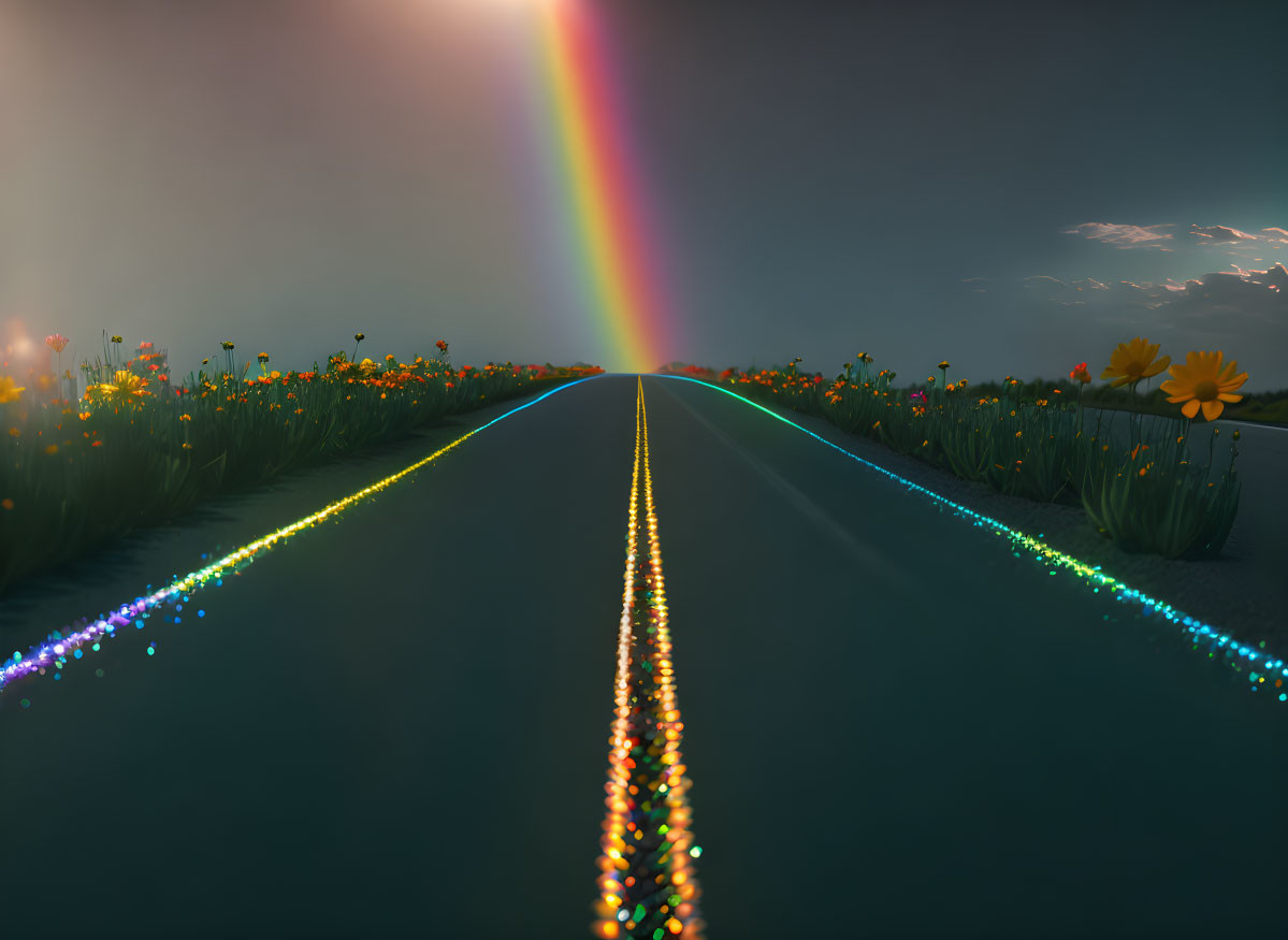 Colorful Rainbow Over Road with Illuminated Dots and Wildflowers