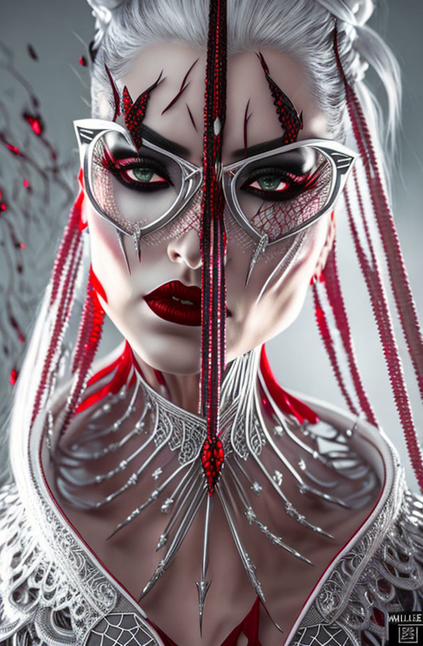 Digital artwork: Woman with red eyes, silver skin, intricate facial adornments, white hair, sym