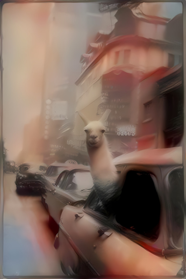 llama taxi driver, retextured with ai face