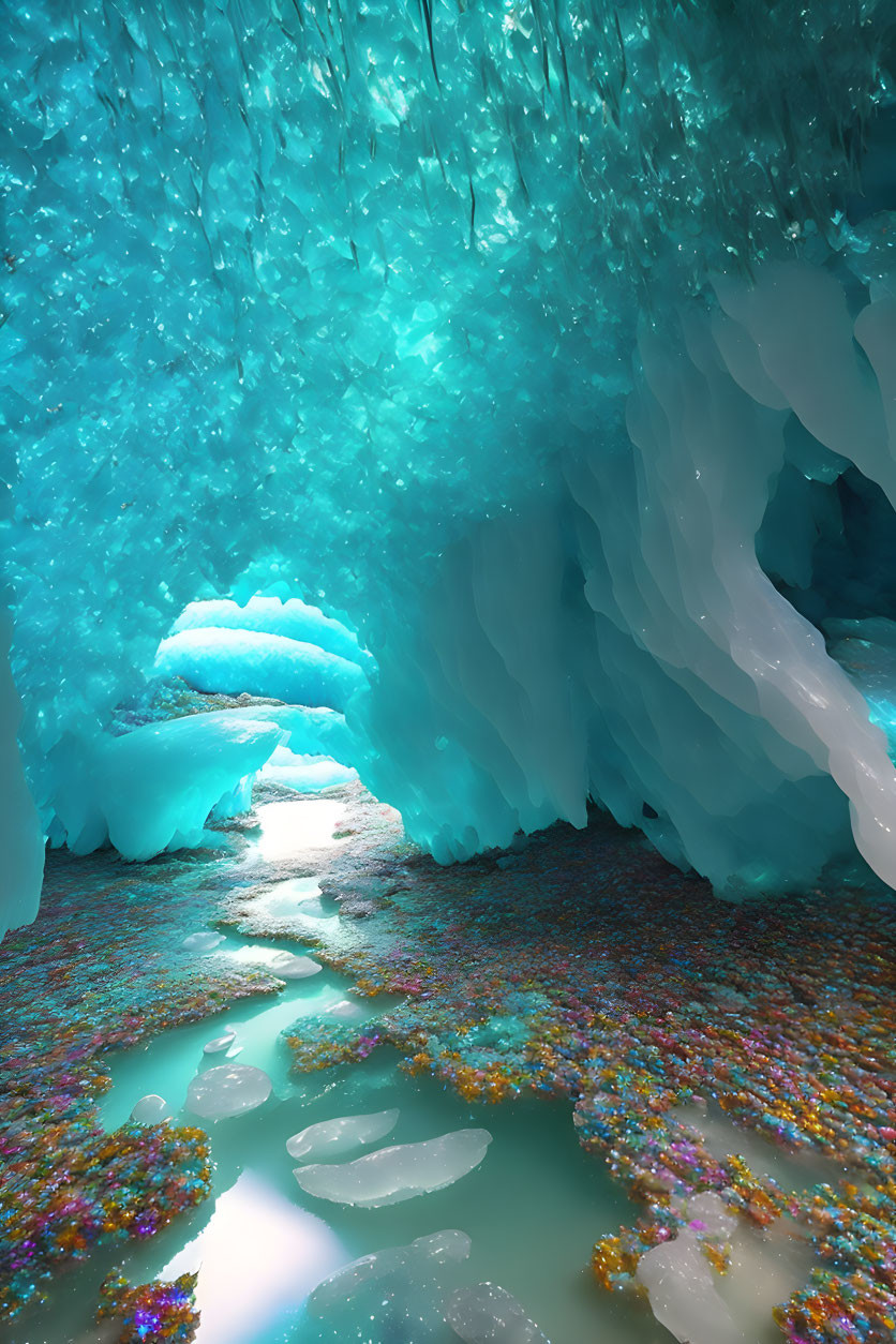 Colorful Ice Cave with Turquoise Walls, Icy Floor, and Multicolored Formations