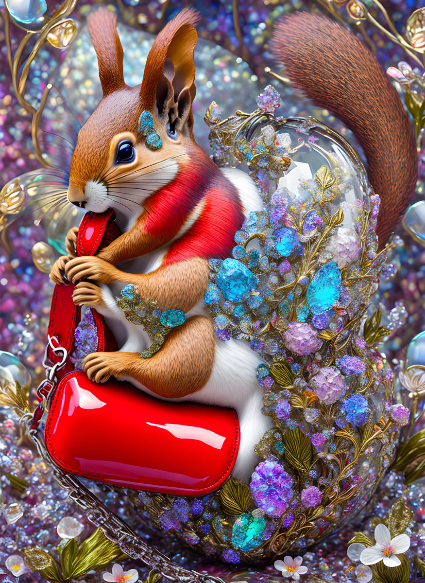 Colorful illustration of squirrel with red scarf and purse among vibrant flowers and gems