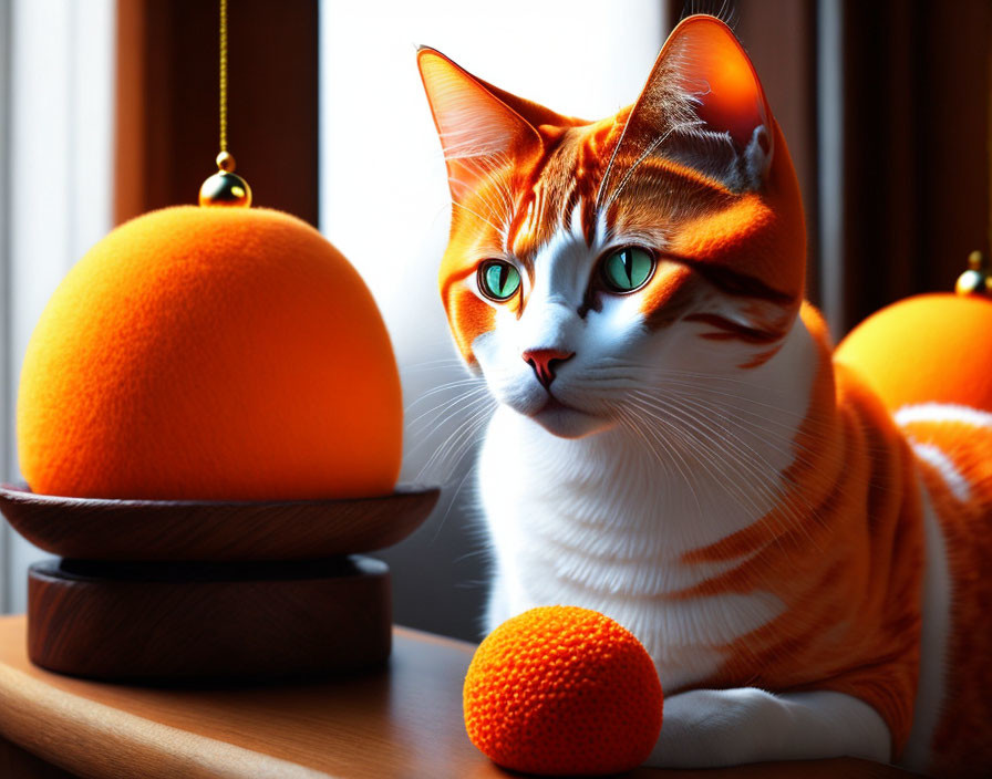 Orange and White Cat with Green Eyes by Window and Oranges