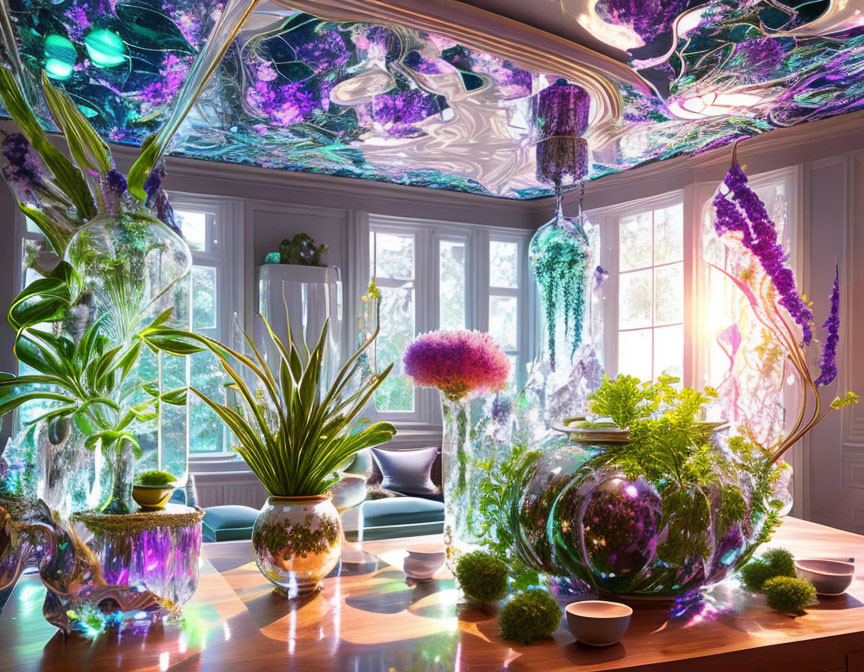 Colorful Psychedelic Ceiling in Vibrant Room with Glass Terrariums