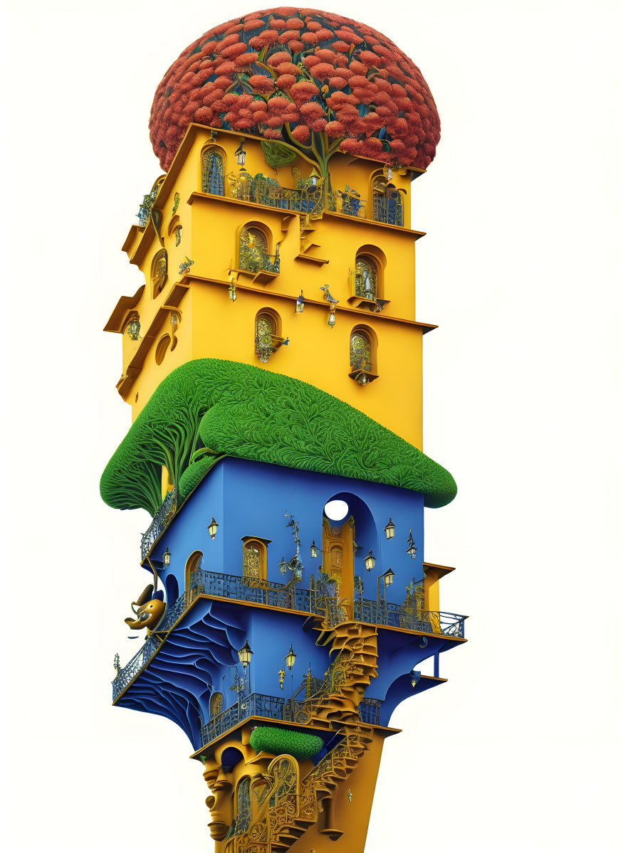 Surreal fairytale tower with blue and yellow layers and greenery