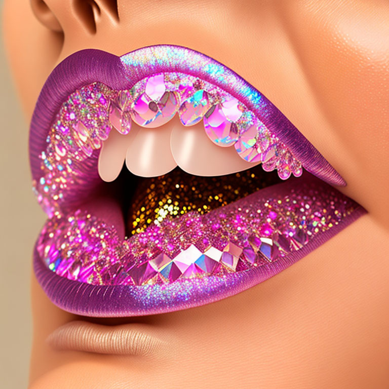 Digitally-generated lips with pink glitter, crystals, and gold detailing