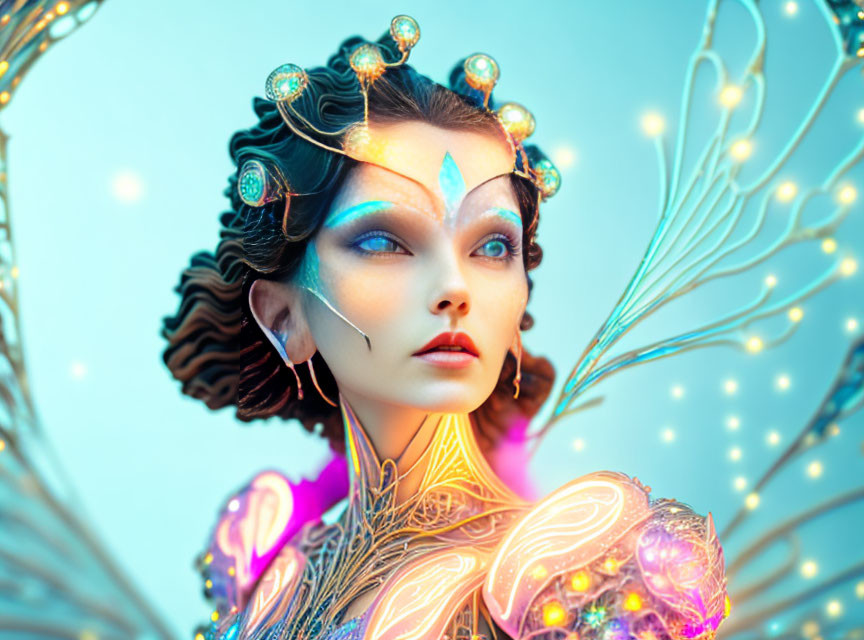 Futuristic woman with gold headdress and wing-like structures on blue background