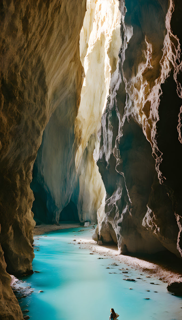 Tranquil underground river in textured cave with sunlight streaming in