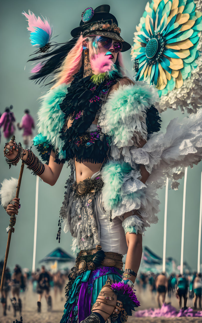 Colorful Festival Attire with Feathers and Sunglasses on Beach