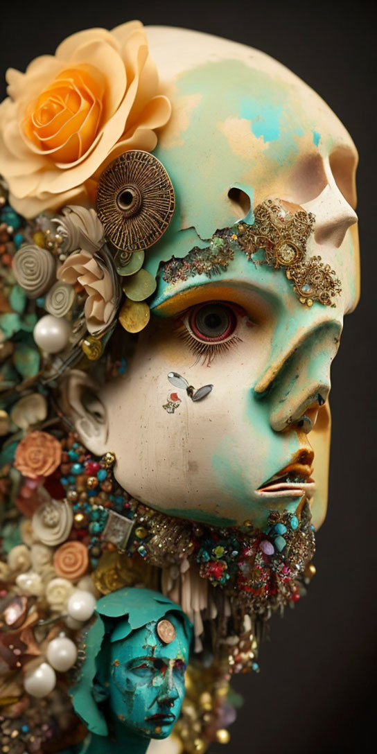 Mixed Media Sculpture: Bust with Floral, Beads, Gears, and Sculpture