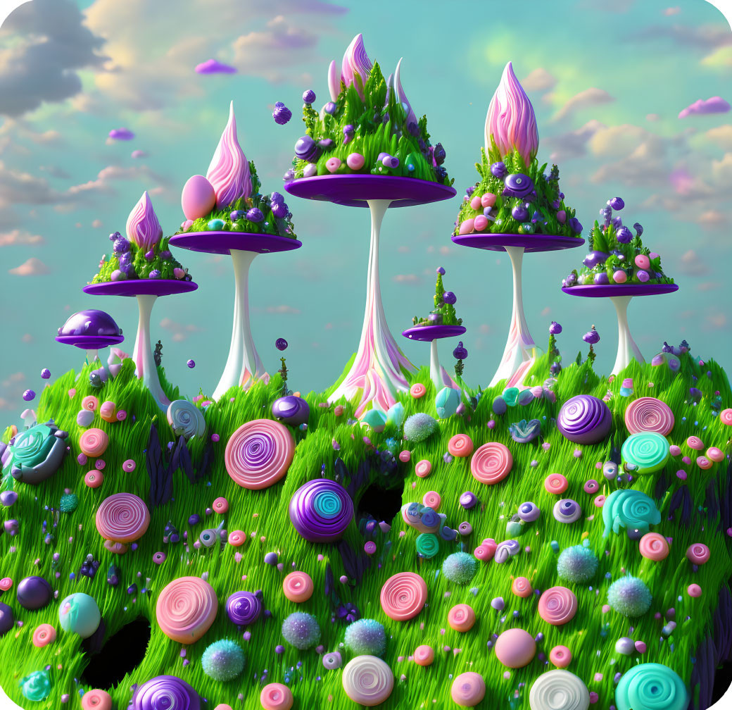 Colorful Fantasy Landscape with Whimsical Mushroom Structures and Vibrant Flora