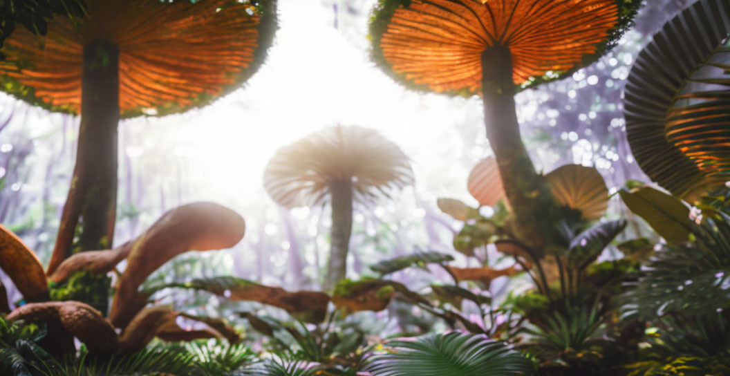 Sunlit misty forest with exotic mushrooms and ferns