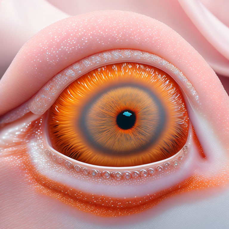 Vibrant Orange Eye Close-Up with Dewdrops on Pink Skin