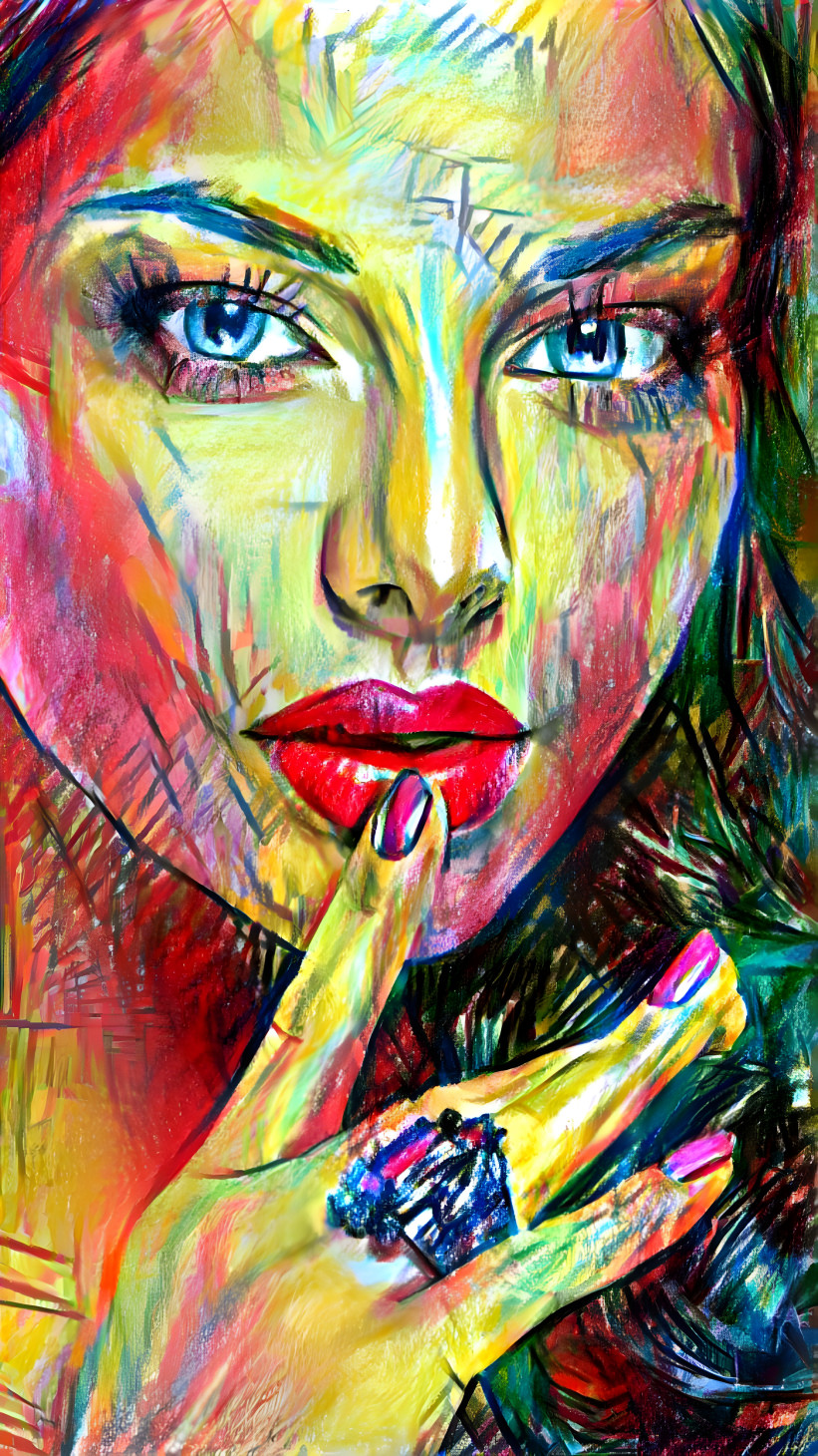 model touching lip, crayons