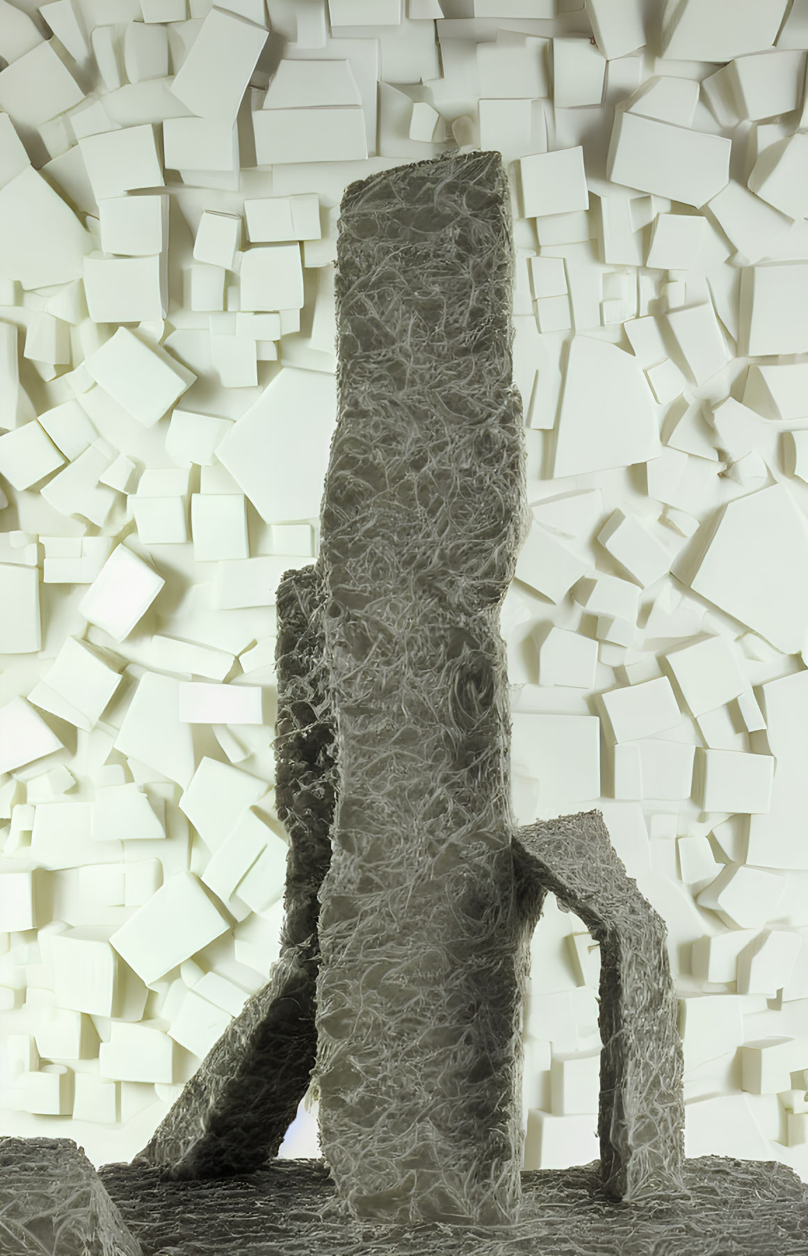 Textured column with branching arms in surreal composition with white cubes