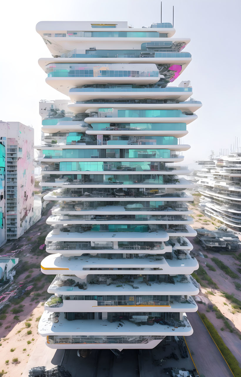 Modern high-rise building with greenery and balconies under hazy sky