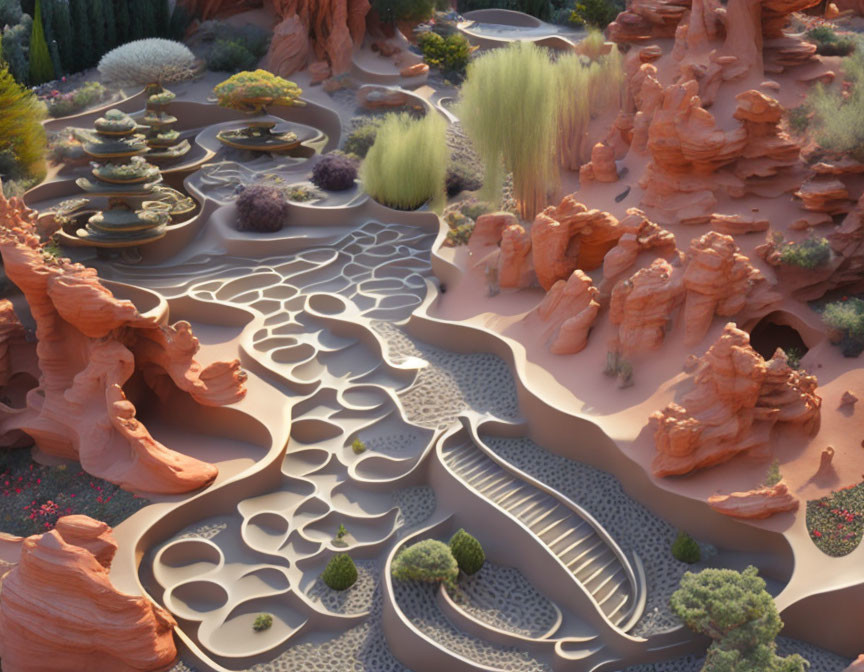 Desert landscape with red rock formations and textured plants