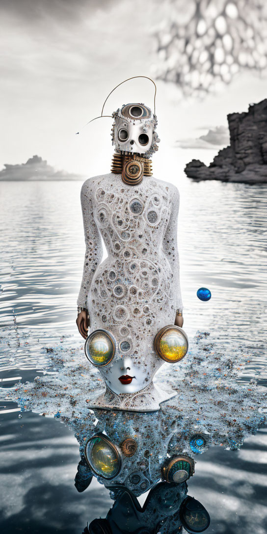 Surreal humanoid figure with intricate patterns and mechanical head in water with reflections and cloudy skies