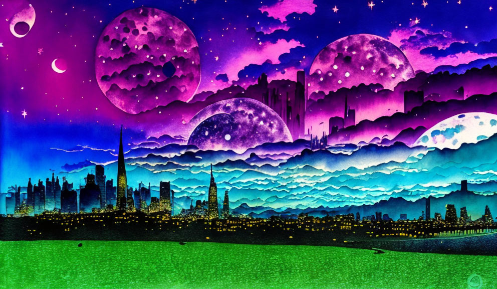 Fantastical cityscape under multiple moons in vibrant colors