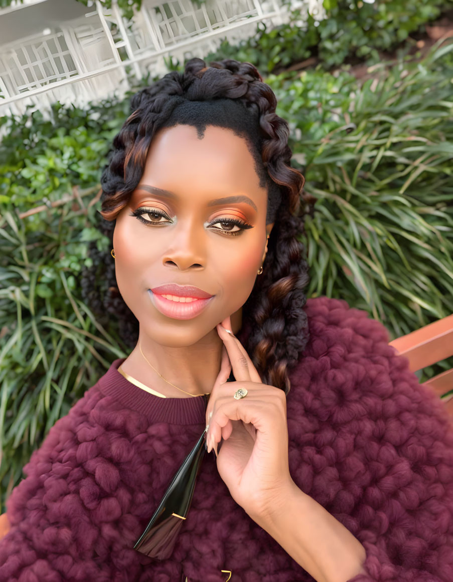 Braided hair woman in burgundy sweater taking selfie with greenery