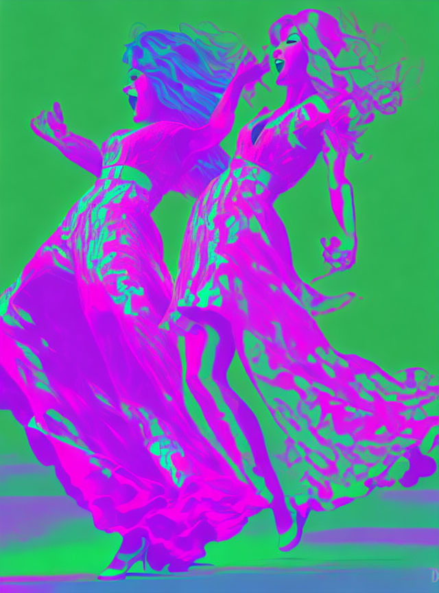 Vivid green and purple abstract art of two running women