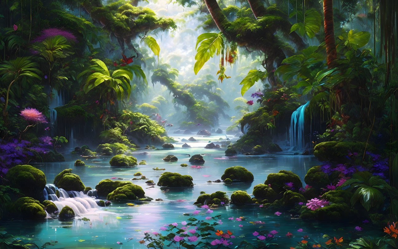 Tranquil forest scene with lush greenery and waterfalls