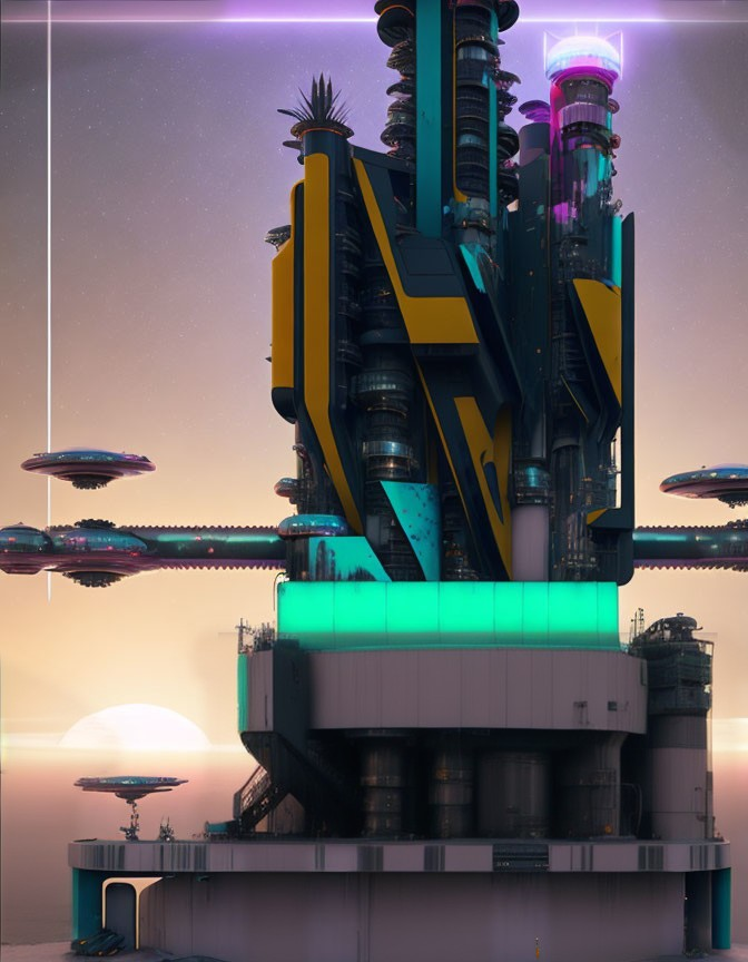 Futuristic skyscraper with neon accents at sunset and flying saucers in sci-fi cityscape