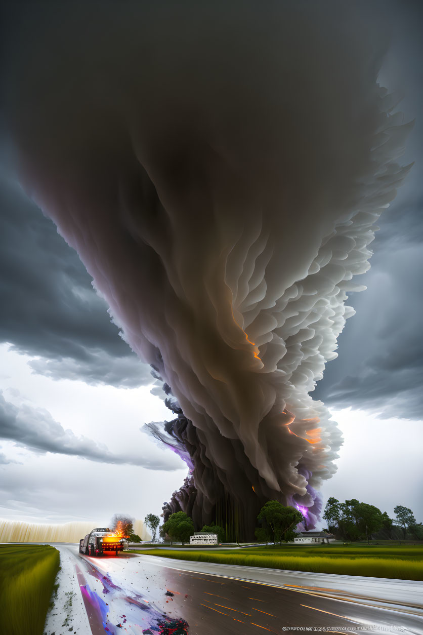 Dramatic supercell thunderstorm over highway with vibrant lightning