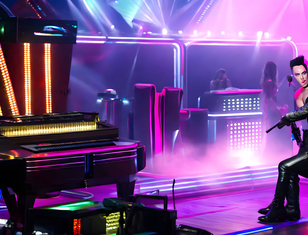 Neon-lit stage with grand piano and performer in black outfit and mohawk hairstyle