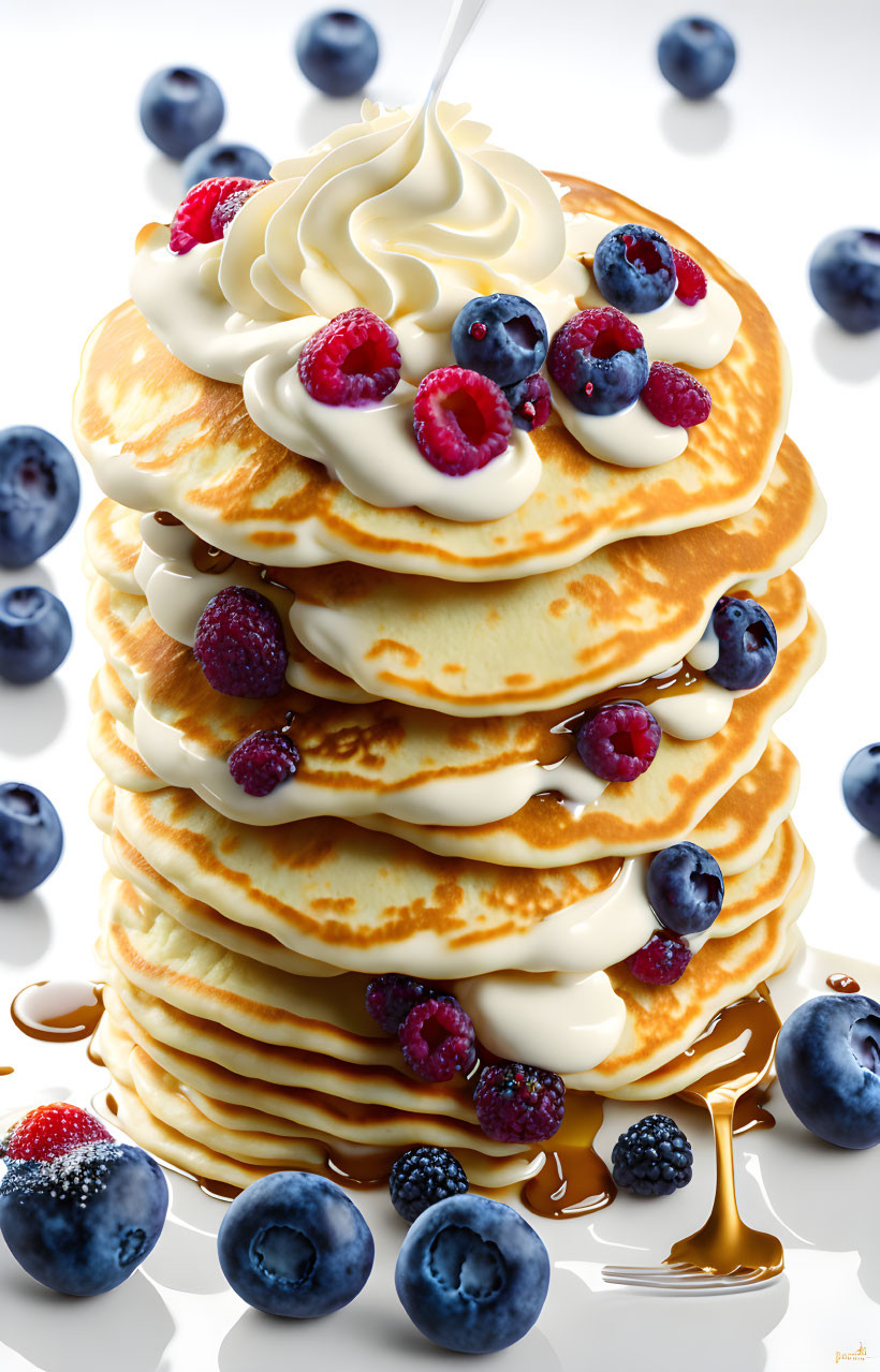 Pancakes with Whipped Cream, Berries, and Syrup on White Background