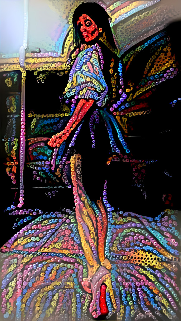 model in heels by pool, retextured with lite brite