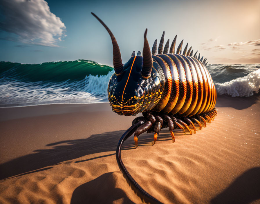 Gleaming giant millipede on sandy beach at sunset