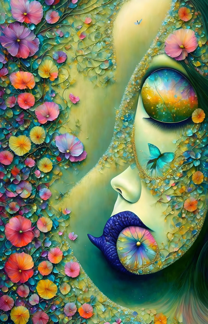 Vibrant nature-themed woman's face illustration with flowers, butterfly, and snail