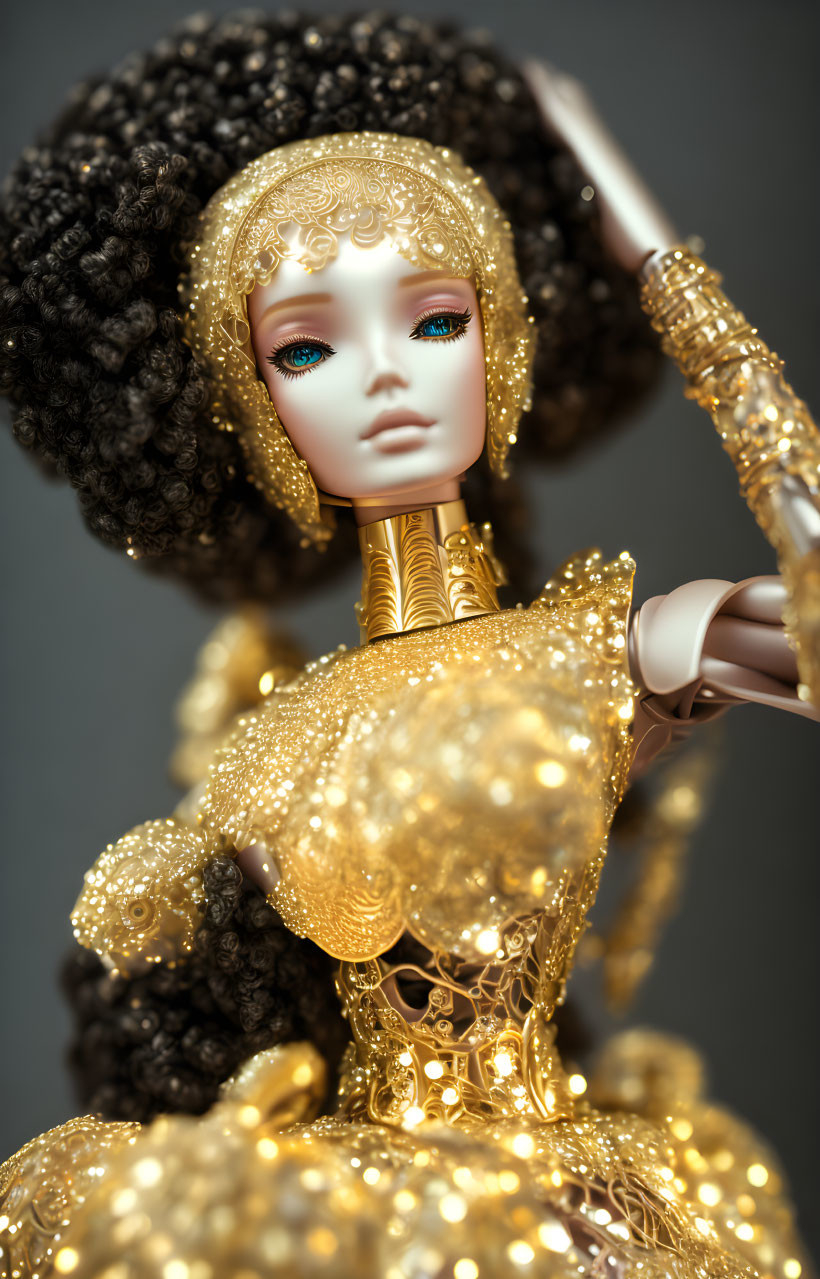 Intricate doll with golden headgear and staff on grey backdrop