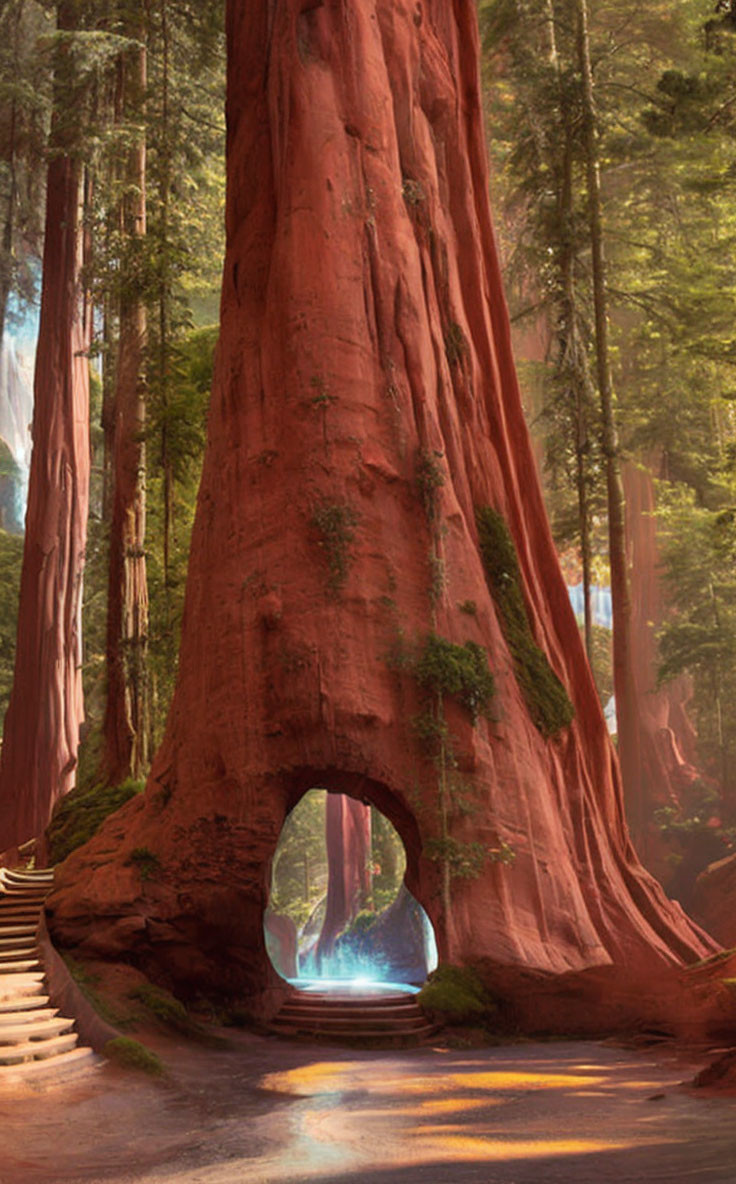 Giant redwood tree with tunnel in sunlit forest and staircase adjacent