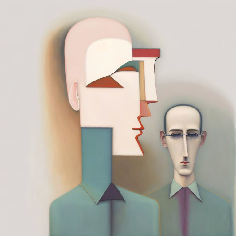 Abstract surreal image of two stylized male figures with soft colors