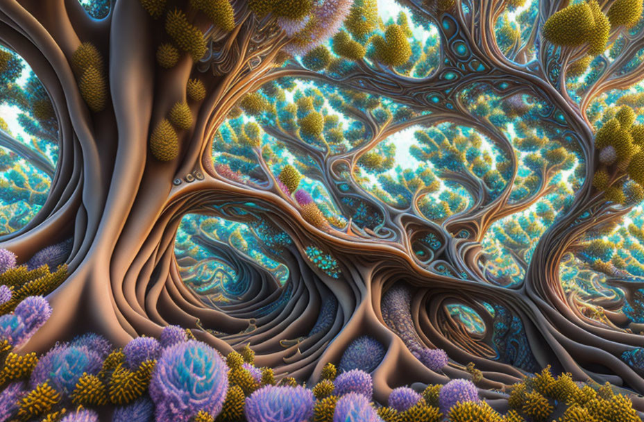 Colorful Fractal Art: Fantastical Forest in Blue, Brown, and Yellow