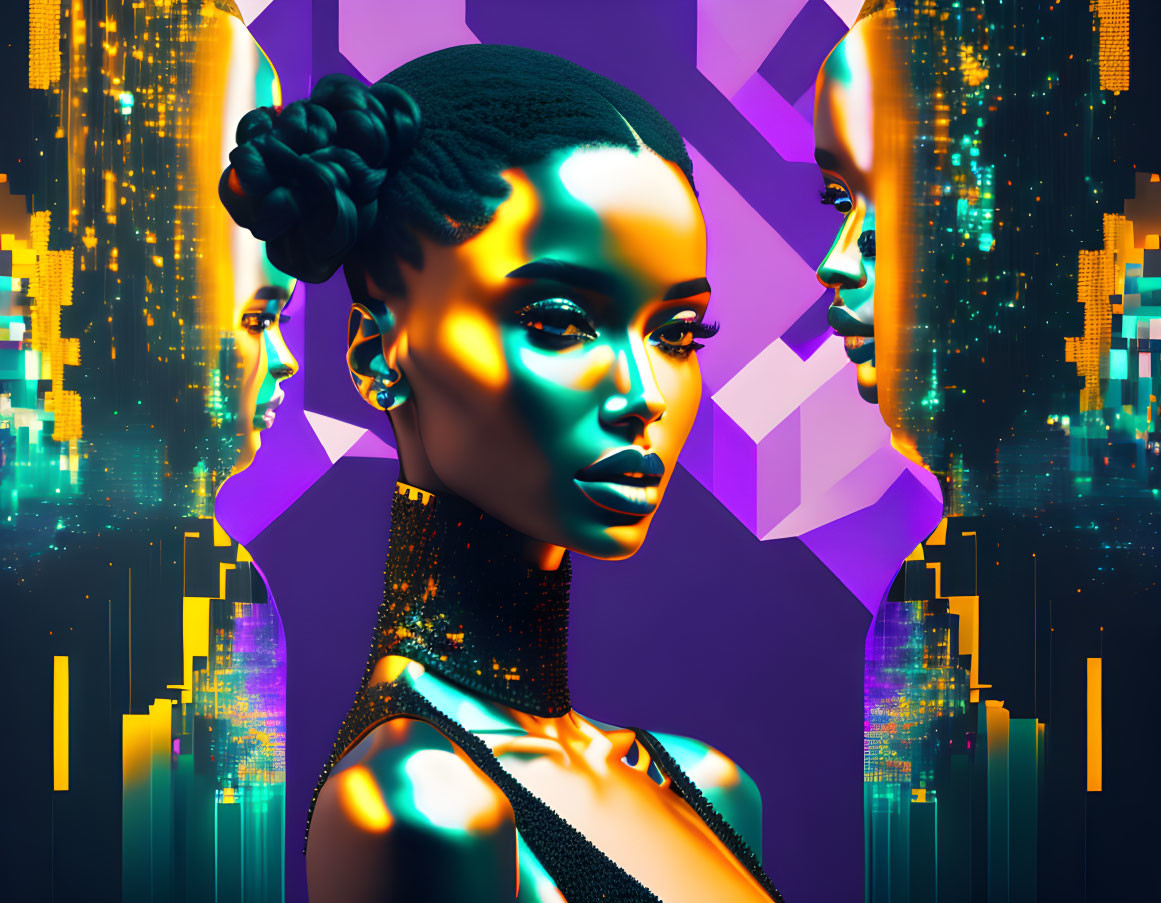 Stylized woman with duplicate profiles on vibrant geometric background