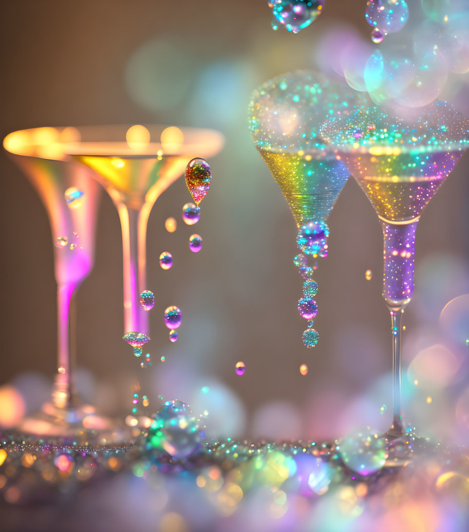 Colorful Bubbles Spilling Over Three Sparkling Glasses