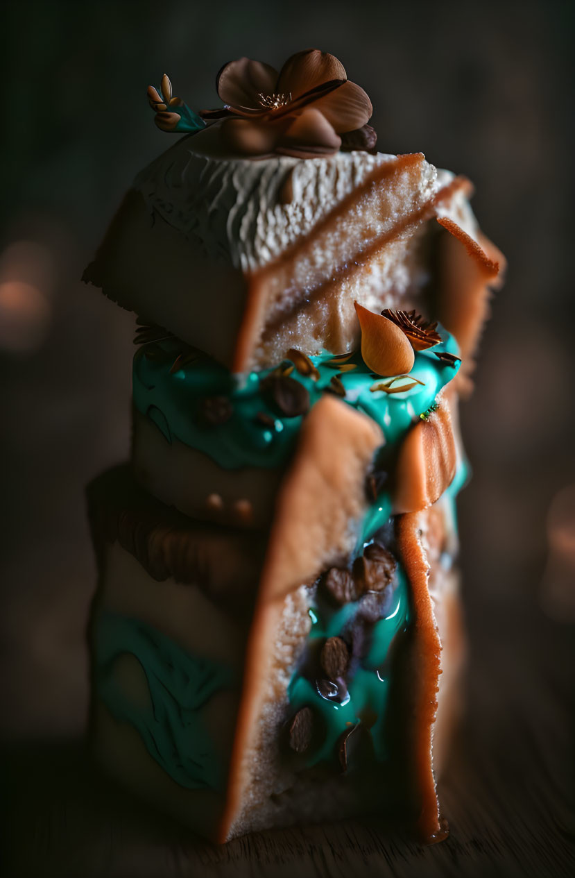 Layered cake with white frosting, turquoise and copper drips, edible flowers, and nuts