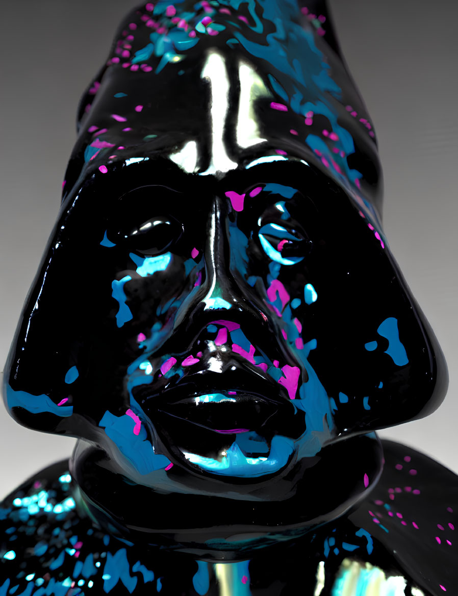 Glossy Black Darth Vader Helmet with Blue and Pink Paint Splatters