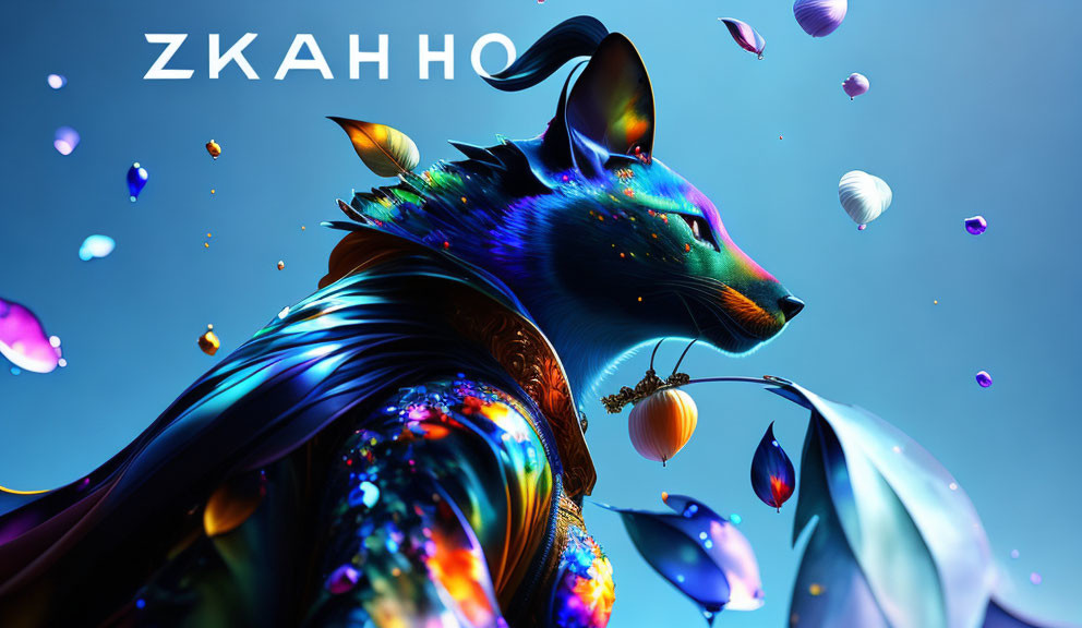 Colorful anthropomorphic fox in iridescent coat with glowing flowers and "ZKAHHQ