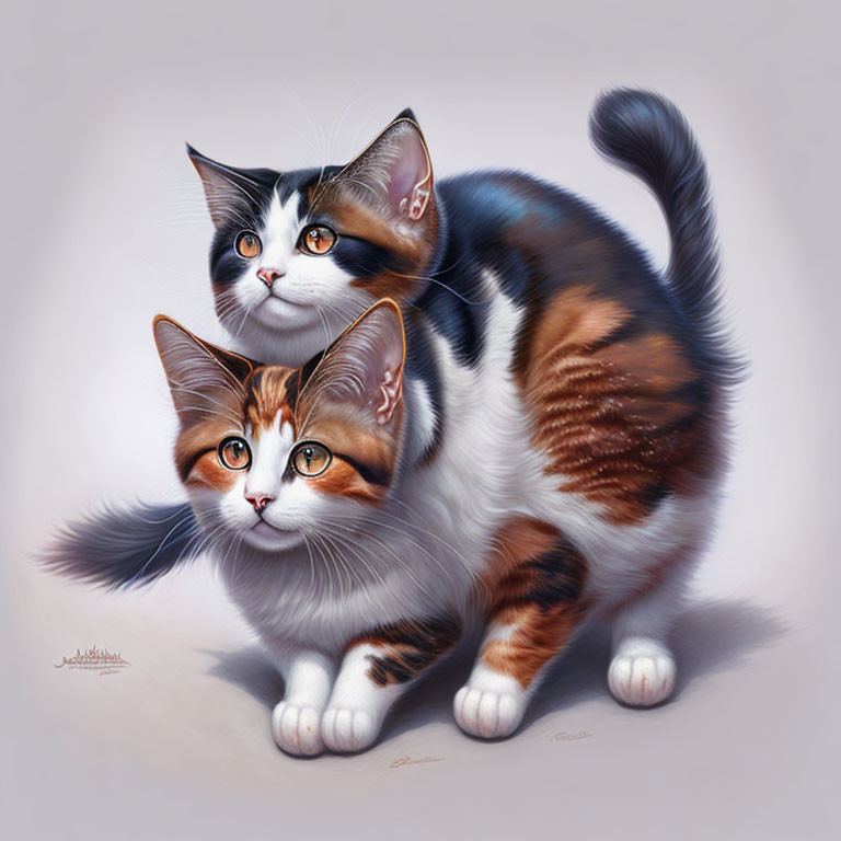 Realistic orange, black, and white cats with intricate details in a playful scene