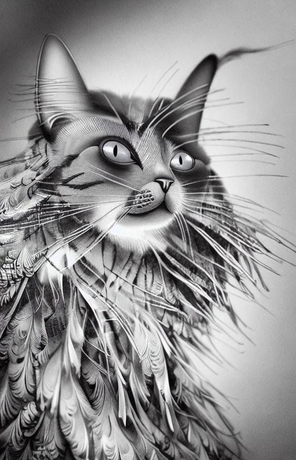 Monochrome artistic illustration of a cat-faced creature with feathered body