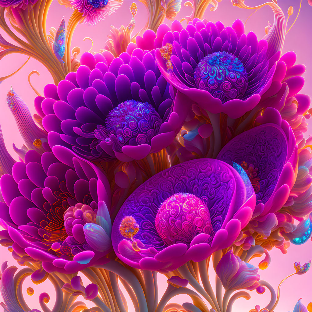 Digital artwork of vibrant neon pink and purple flowers with golden fronds on a soft pink backdrop